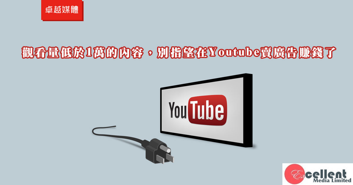 觀看量低於1萬的內容，別指望在Youtube賣廣告賺錢了